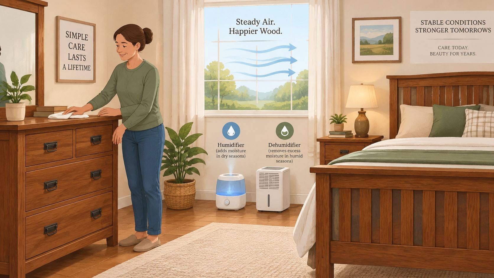 A woman cleaning a wooden dresser in a bedroom with a humidifier and dehumidifier for furniture care.