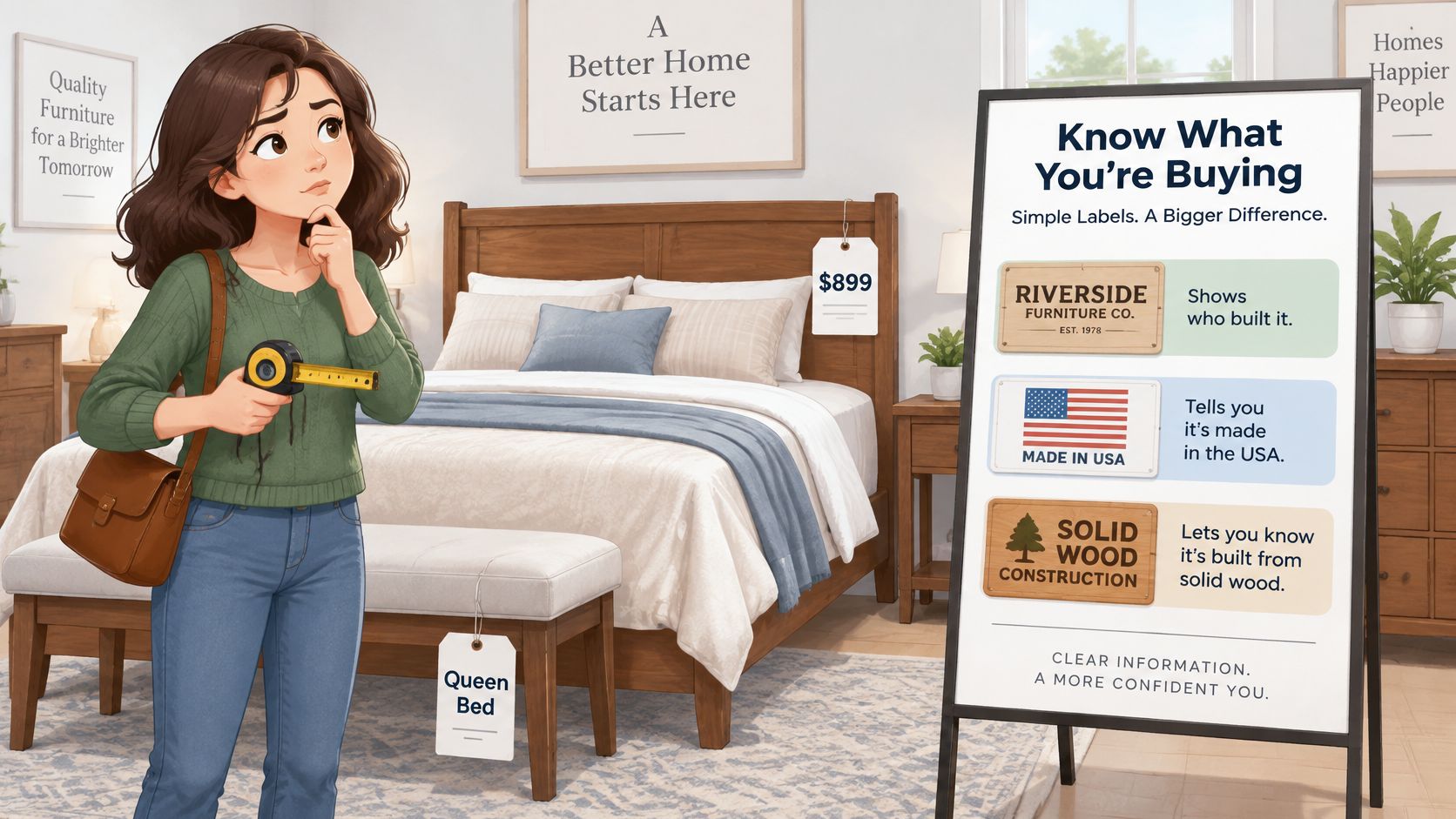 A young woman measuring bedroom furniture in a showroom featuring signs explaining material and origin labels.