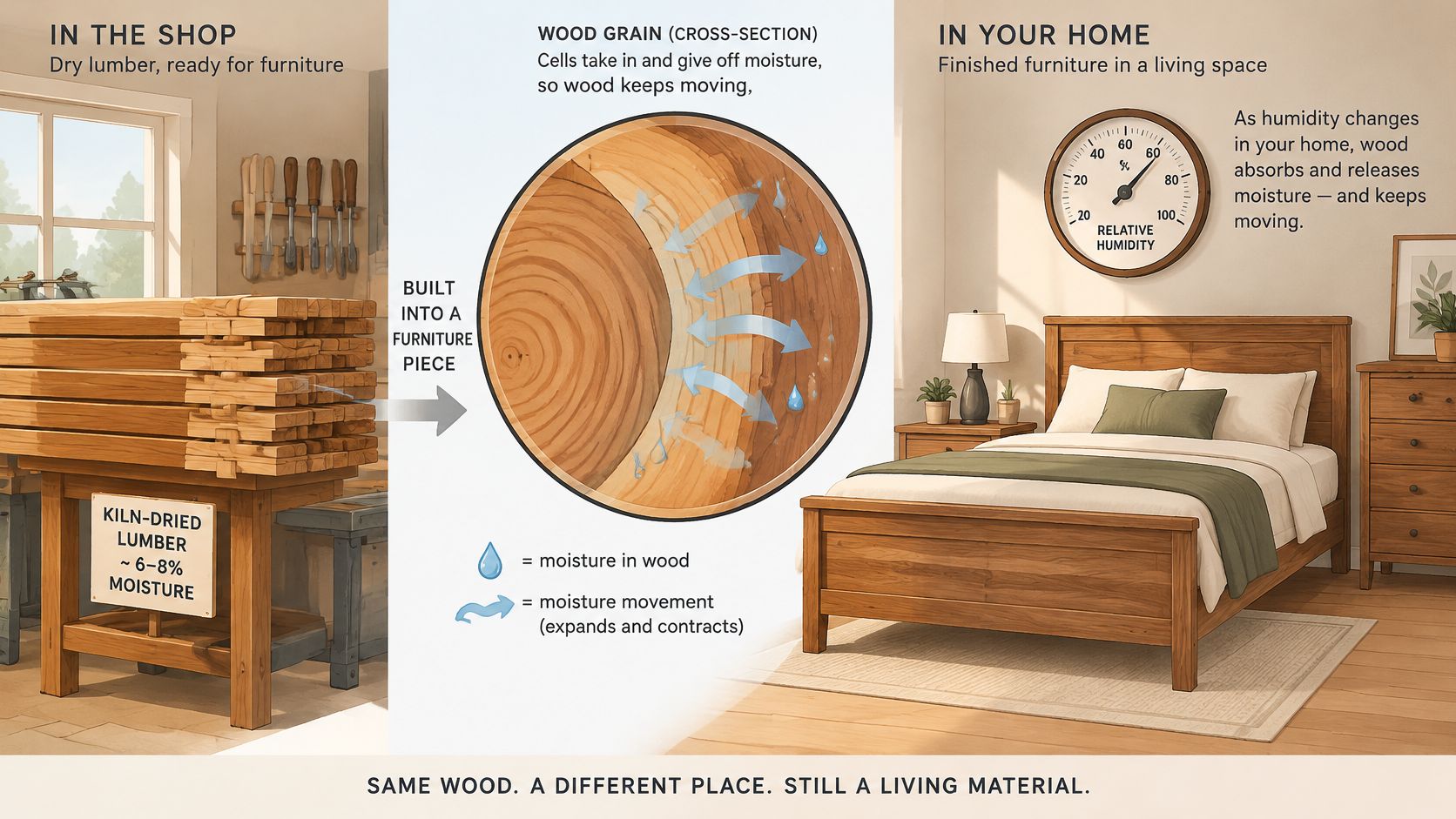 A diagram explaining how humidity affects wood, showing lumber transitioning into bedroom furniture in a home.