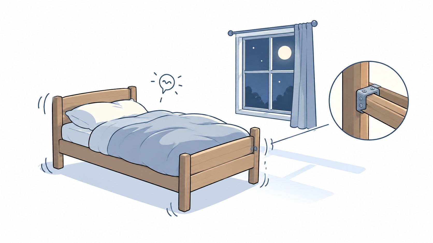 A wooden bed frame that is shaking, with a zoomed-in detail of a metal bracket clamp.