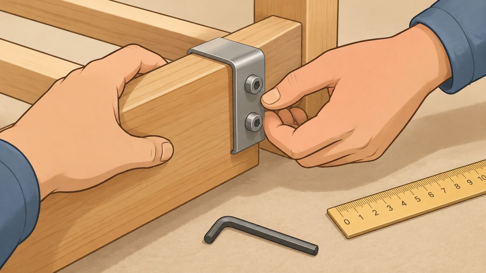 A close-up view of hands assembling wooden furniture pieces using a metal corner clamp and hex key.