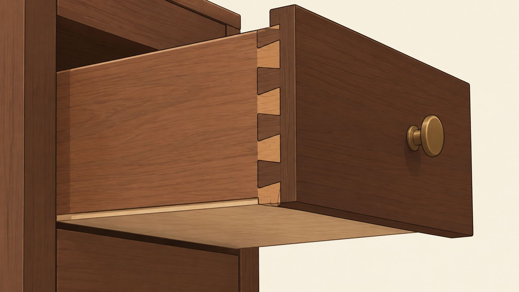 Close up view of an open wooden dresser drawer showing detailed dovetail joinery construction.