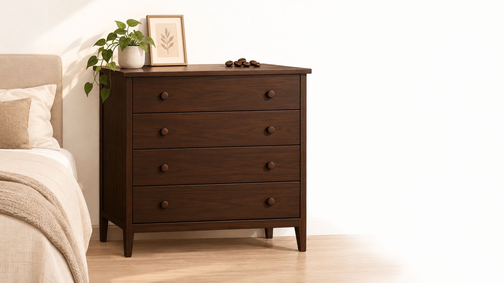 A modern espresso-colored four-drawer wooden dresser positioned next to a bed with a plant on top.