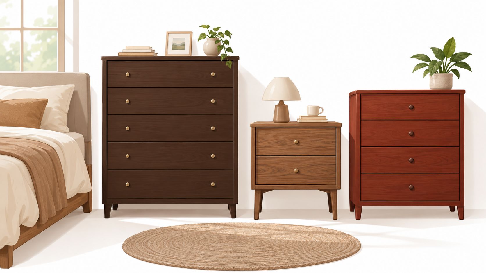 A bedroom interior featuring a dark espresso chest of drawers, a wooden nightstand, and a reddish dresser.
