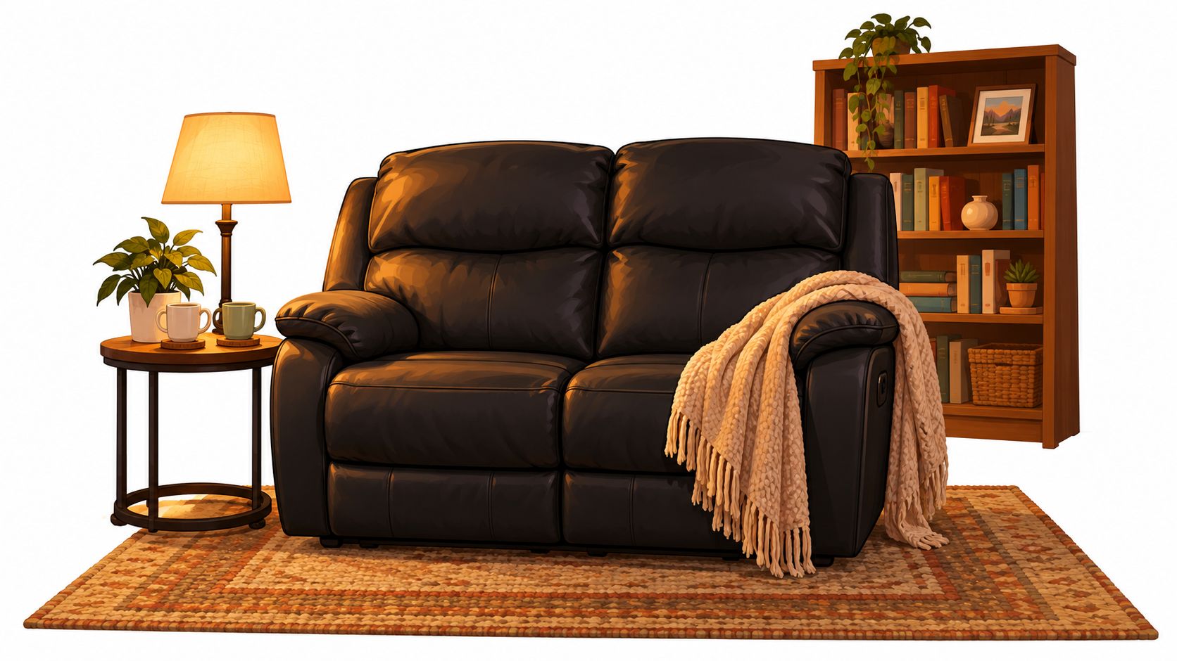 A cozy black leather loveseat recliner with a throw blanket next to a lamp and bookshelf.