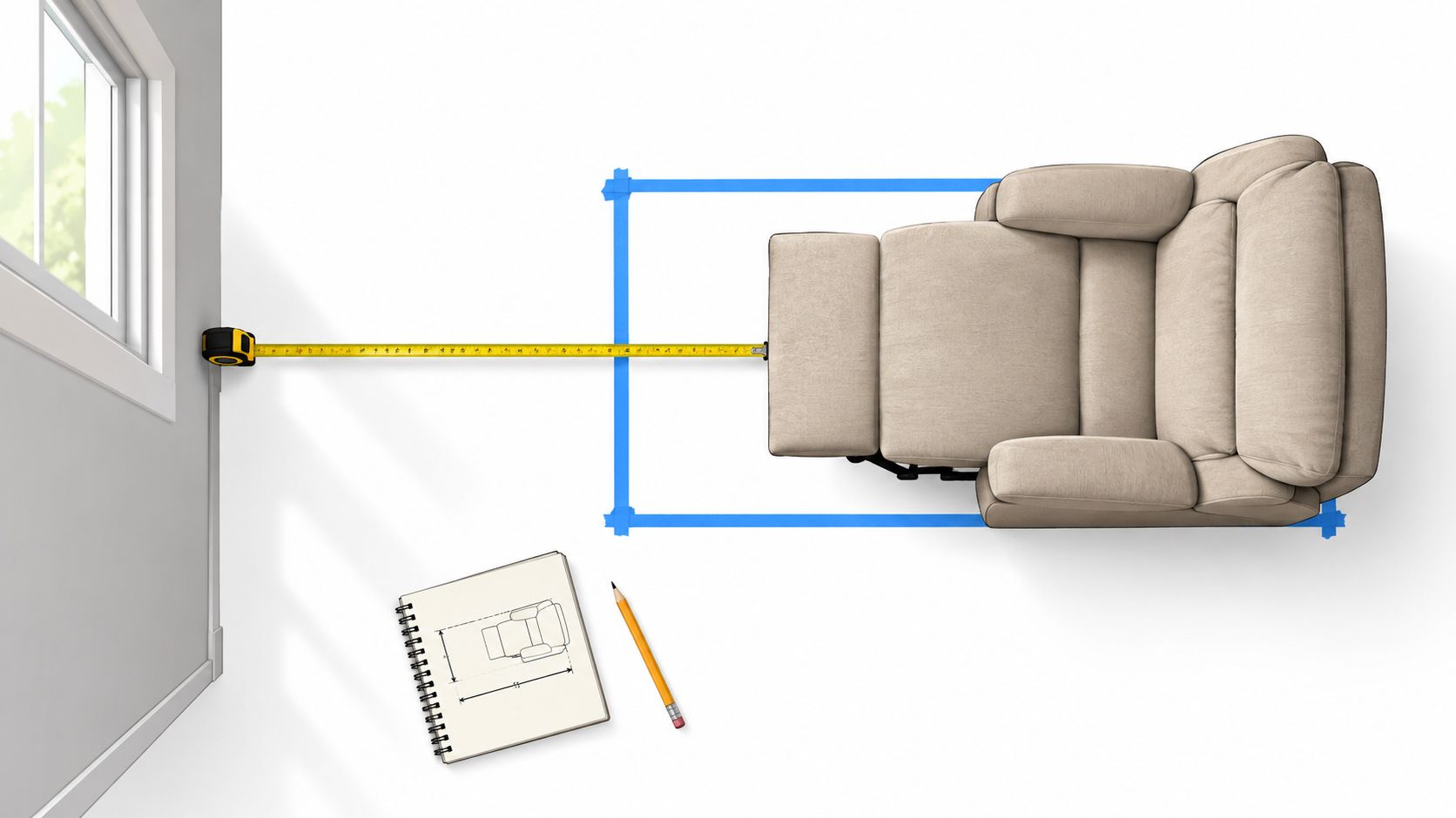 A top-down view showing a beige recliner being measured with a tape measure on a white floor.