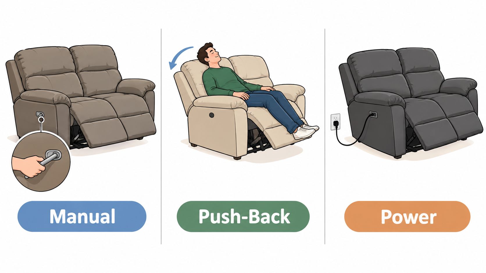 A diagram comparing manual, push-back, and power reclining loveseats, illustrating the different mechanisms for adjusting the chair.