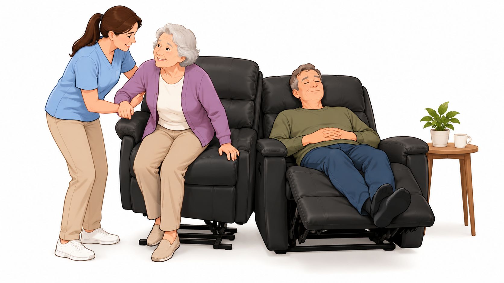 A caregiver helping an elderly woman stand from a black recliner next to a man resting.