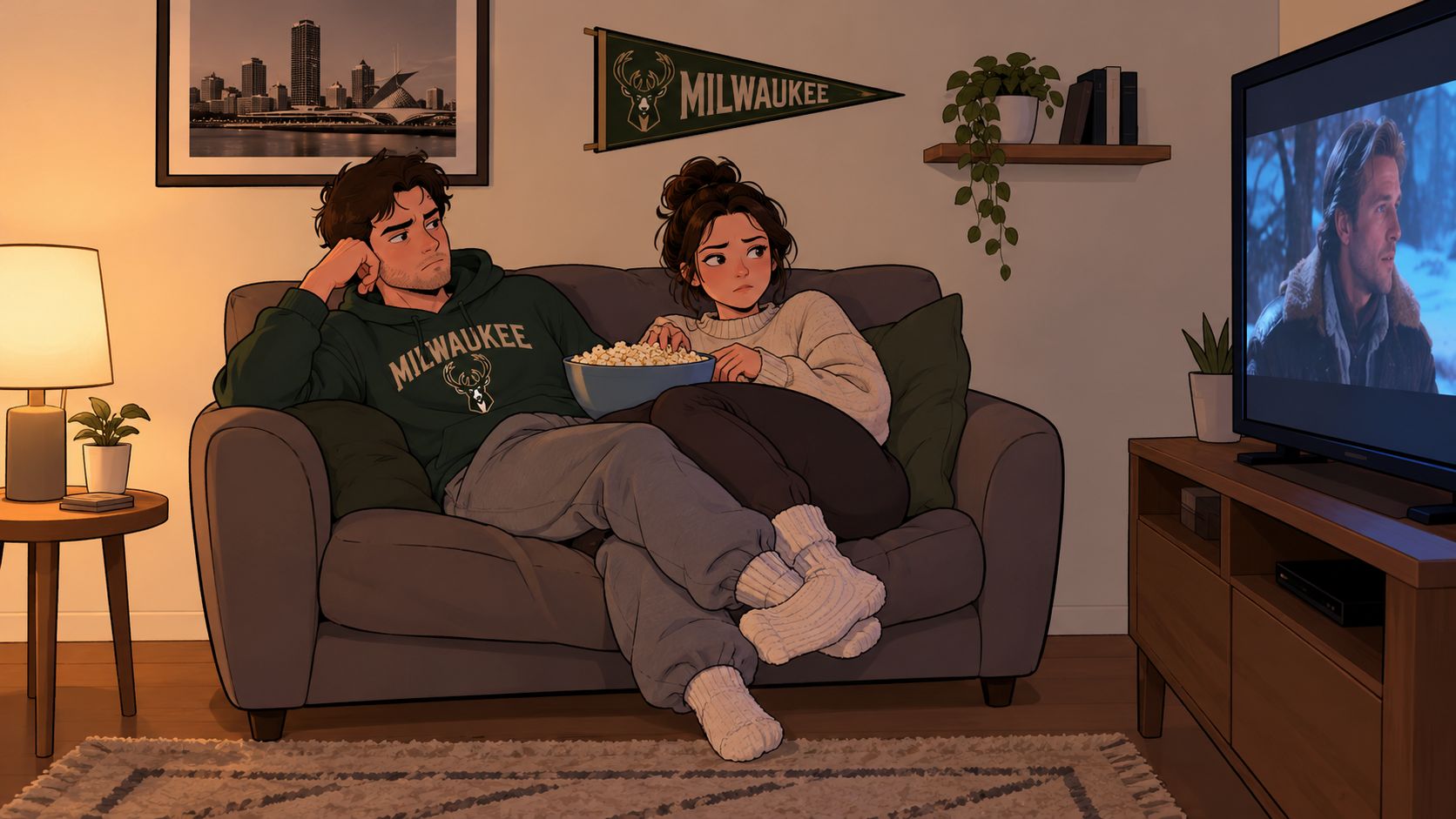 A young couple sitting on a cozy gray loveseat recliner eating popcorn while watching a movie together.