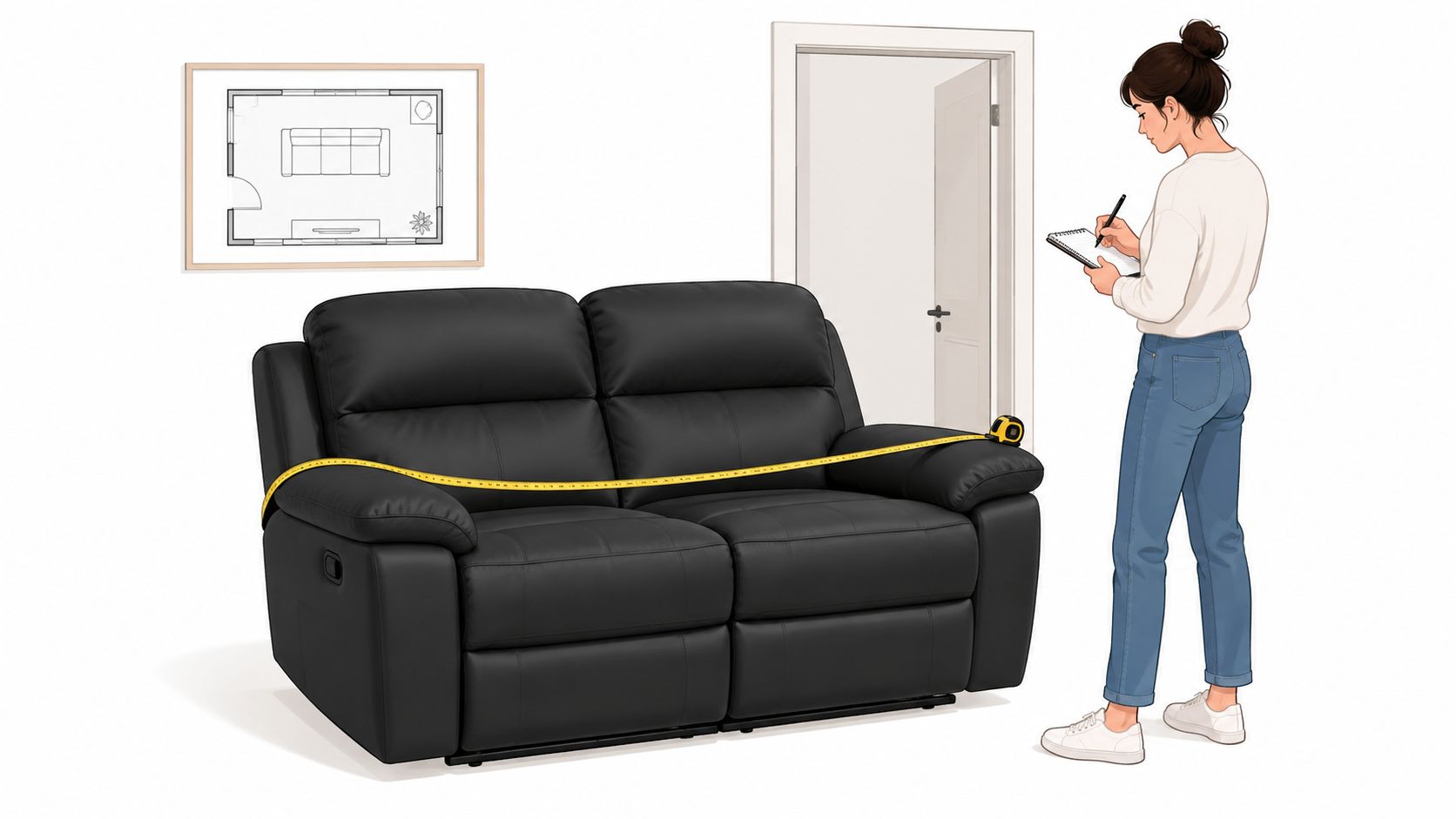 A young woman takes notes while measuring a black loveseat recliner with a yellow measuring tape.