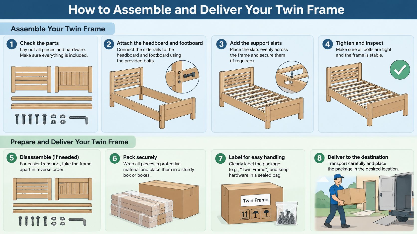 An 8-step infographic showing the assembly, disassembly, and delivery process of a wooden twin bed frame.