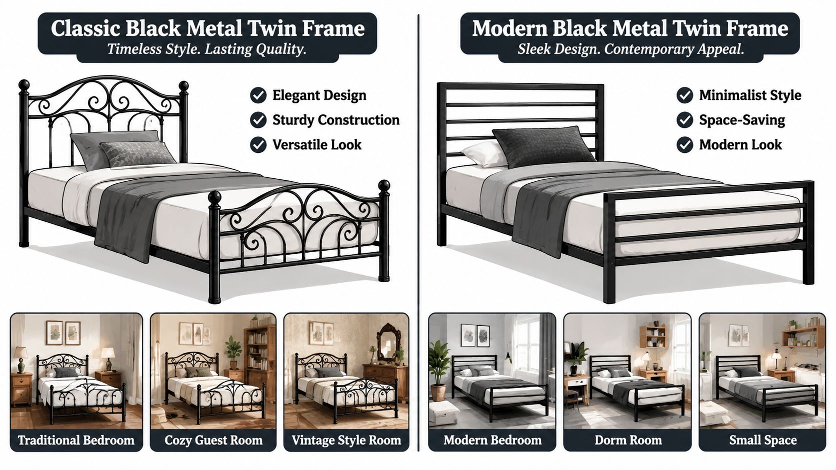 A comparison of two black metal twin bed frames featuring classic ornate and modern minimalist design styles.