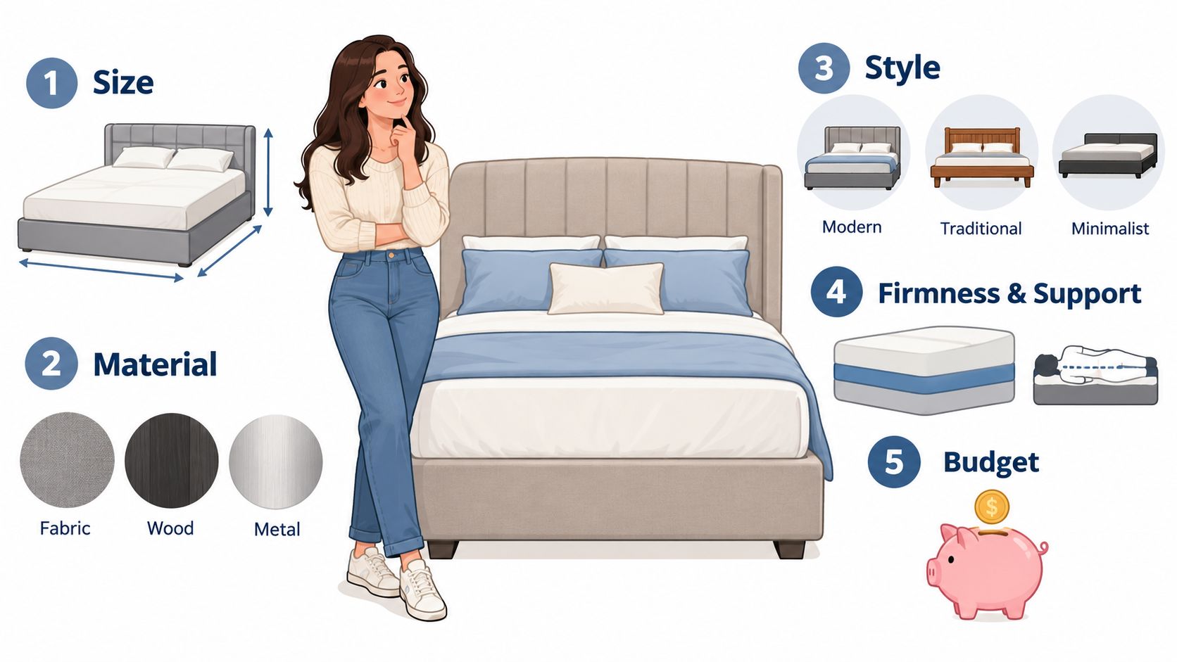 A woman considers five key factors for selecting the perfect bed: size, material, style, support, and budget.