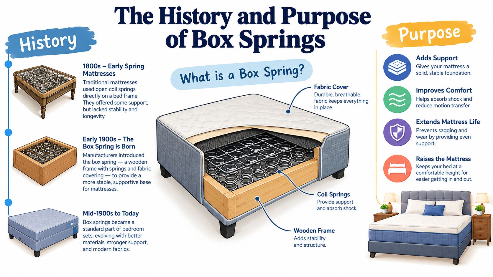 An infographic detailing the history, components, and purpose of box springs as mattress foundations.