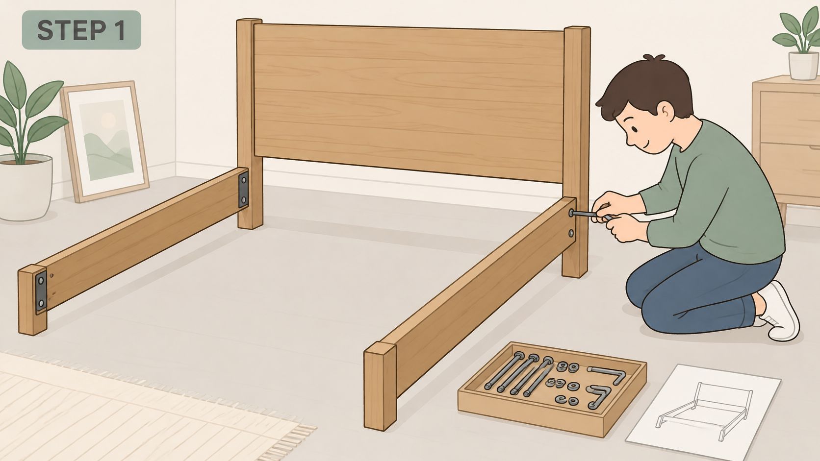A person kneeling on the floor assembling a wooden bed frame while following instructional manual steps.