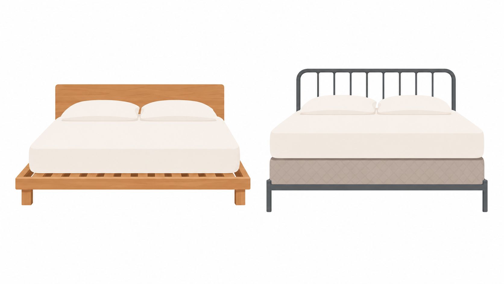 A wooden platform bed frame alongside a dark metal bed frame with a box spring mattress.