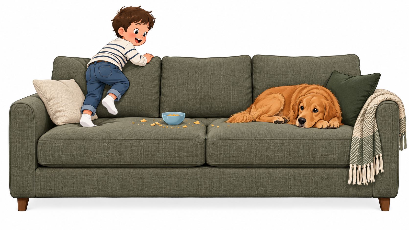A young boy climbing onto a green couch near a resting golden retriever with a bowl of snacks.