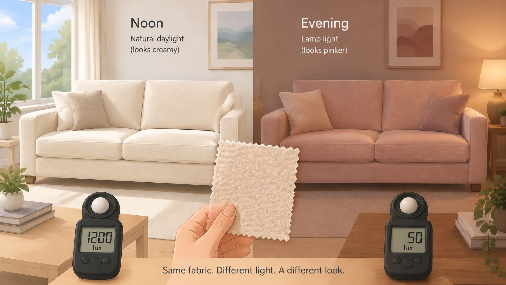 A split comparison of a cream-colored sofa in natural noon daylight and warm evening lamp light.