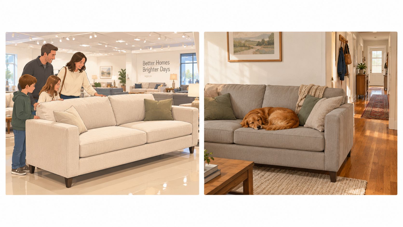 A split-screen comparison showing a family shopping for a light-colored sofa and a dog sleeping on one.