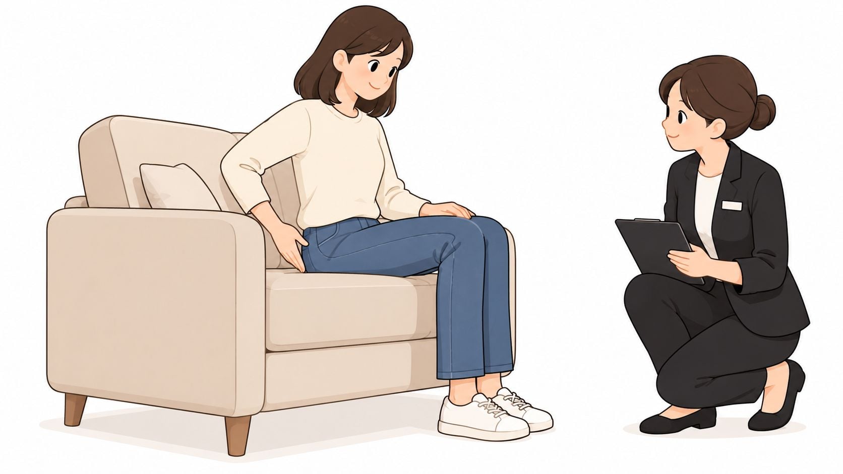 A professional consultant holding a clipboard kneels to discuss comfort options with a woman in an armchair.