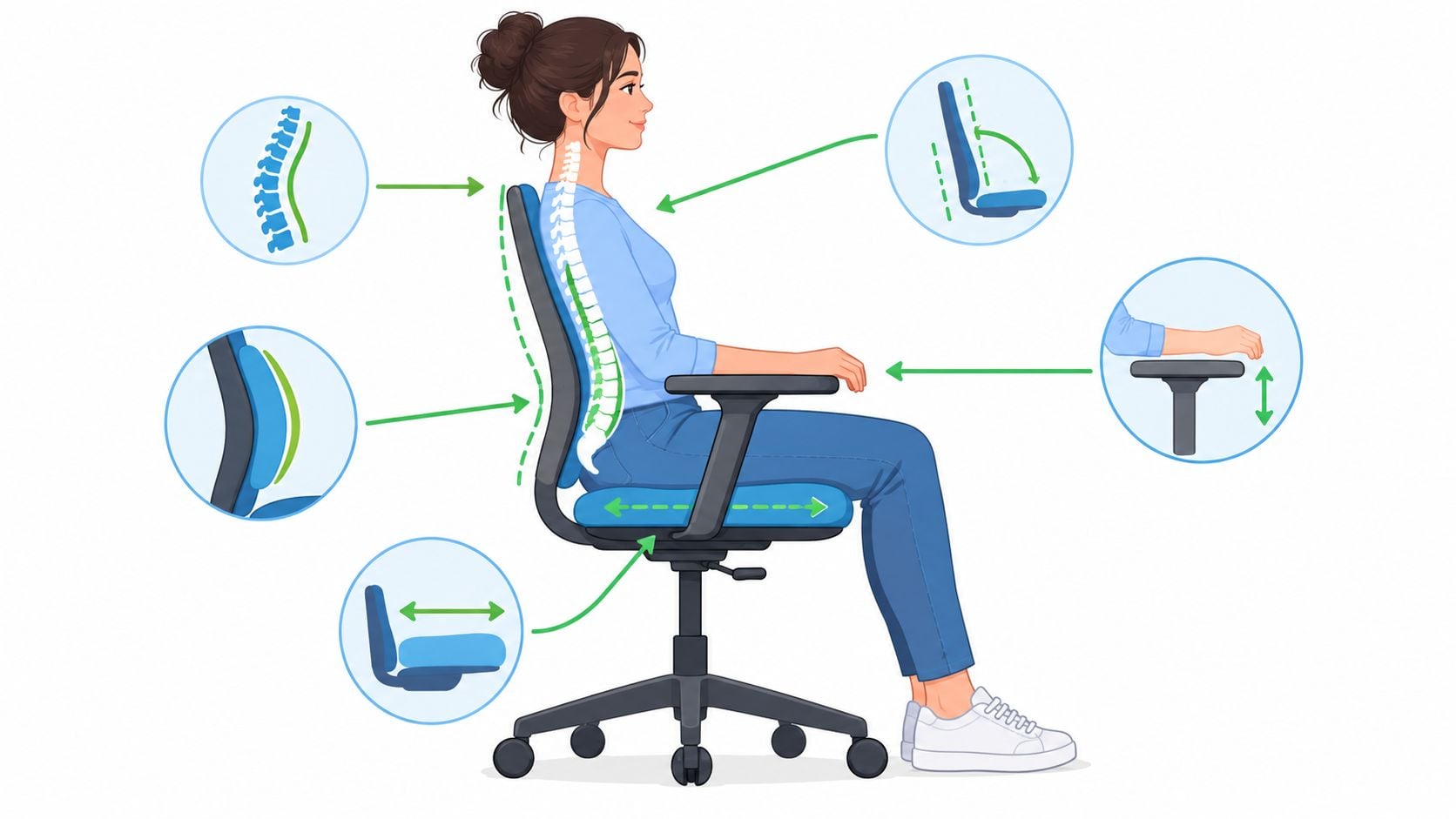A woman sitting on an ergonomic office chair showing correct posture and adjustable chair features for support.