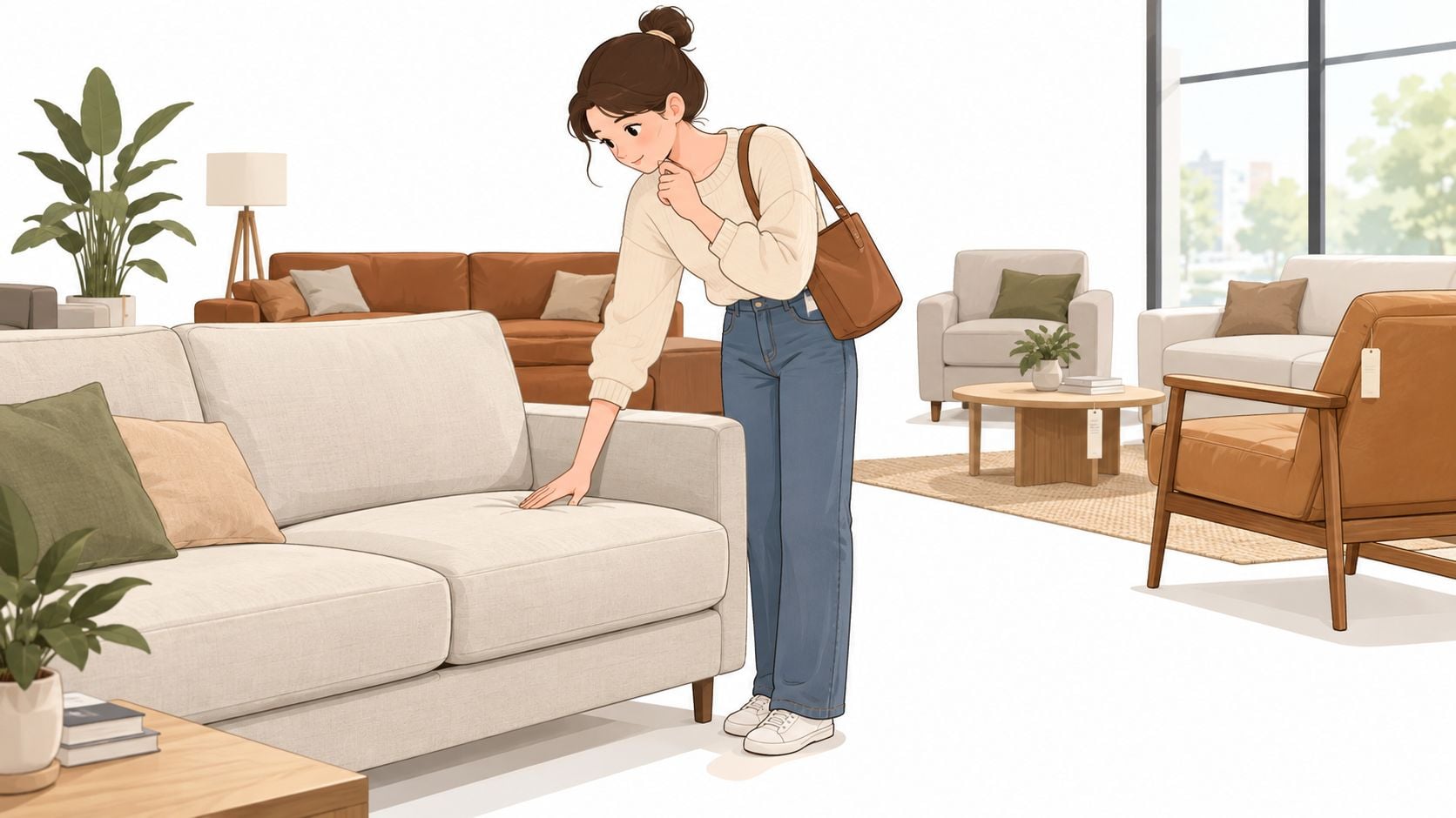 A woman shopping for a cream colored sofa in a bright, modern furniture showroom.
