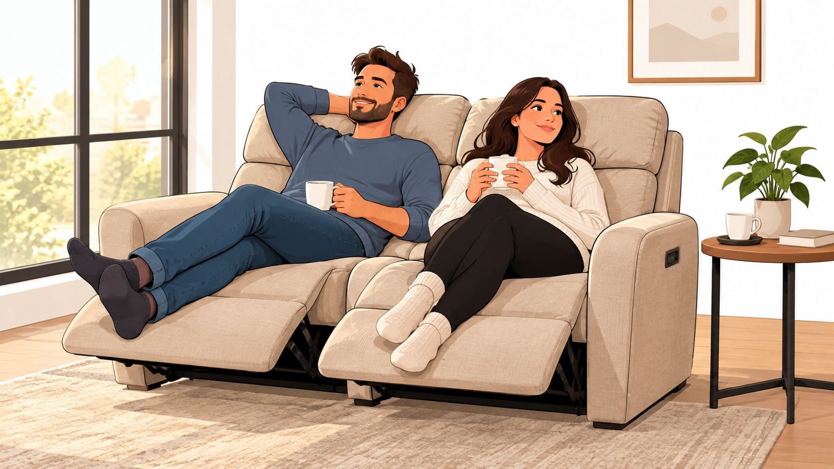 A happy couple relaxes on a beige contemporary reclining loveseat while drinking coffee in a sunlit room.