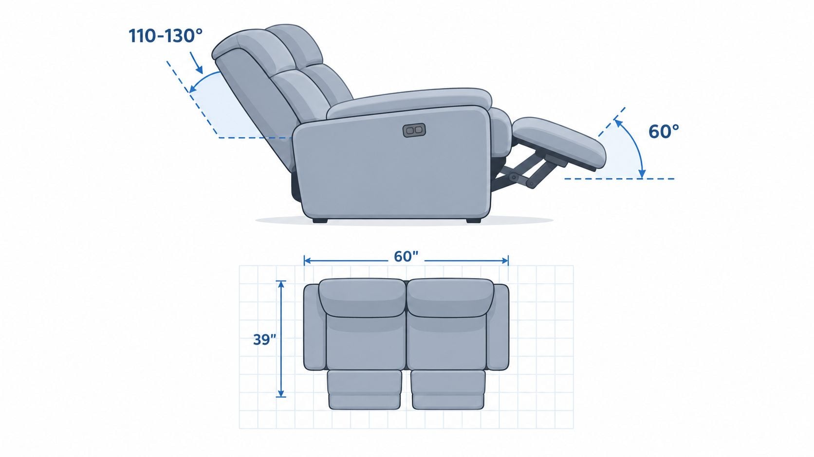 A technical diagram of a blue contemporary reclining loveseat showing its dimensions and adjustable reclining angles.