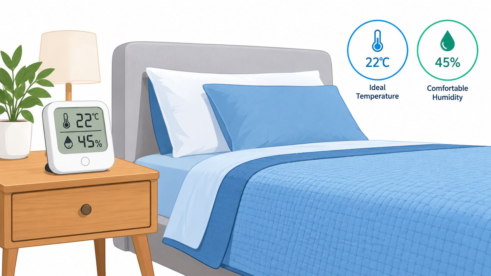 A digital thermometer sits on a wooden nightstand next to a neatly made bed showing ideal sleep conditions.