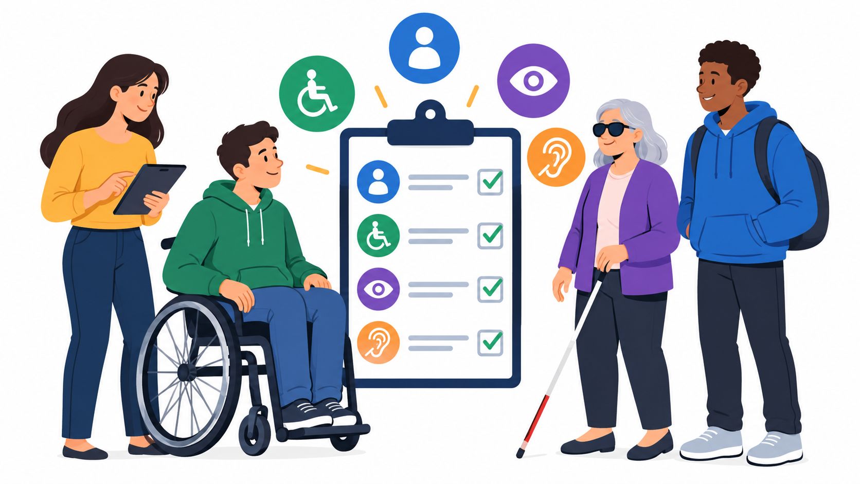 A diverse group of people consulting a checklist with icons representing accessibility needs and disability services.