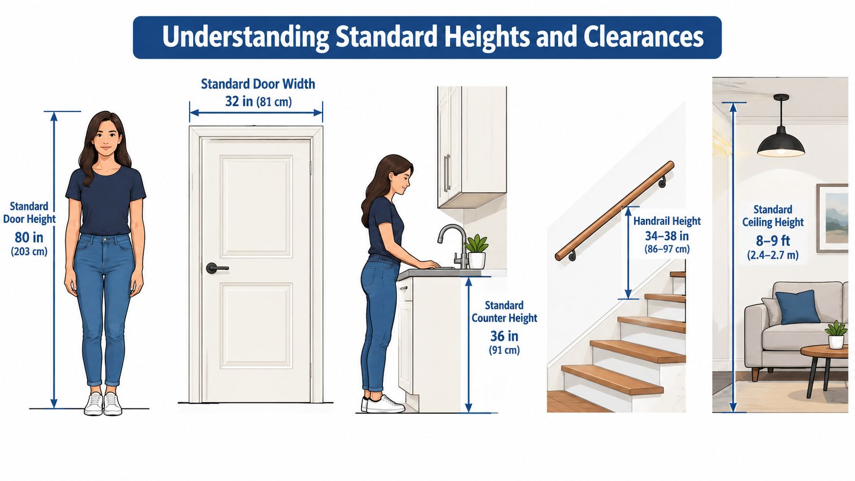A diagram illustrating standard architectural dimensions including door height, door width, counter height, handrail height, and ceiling height.