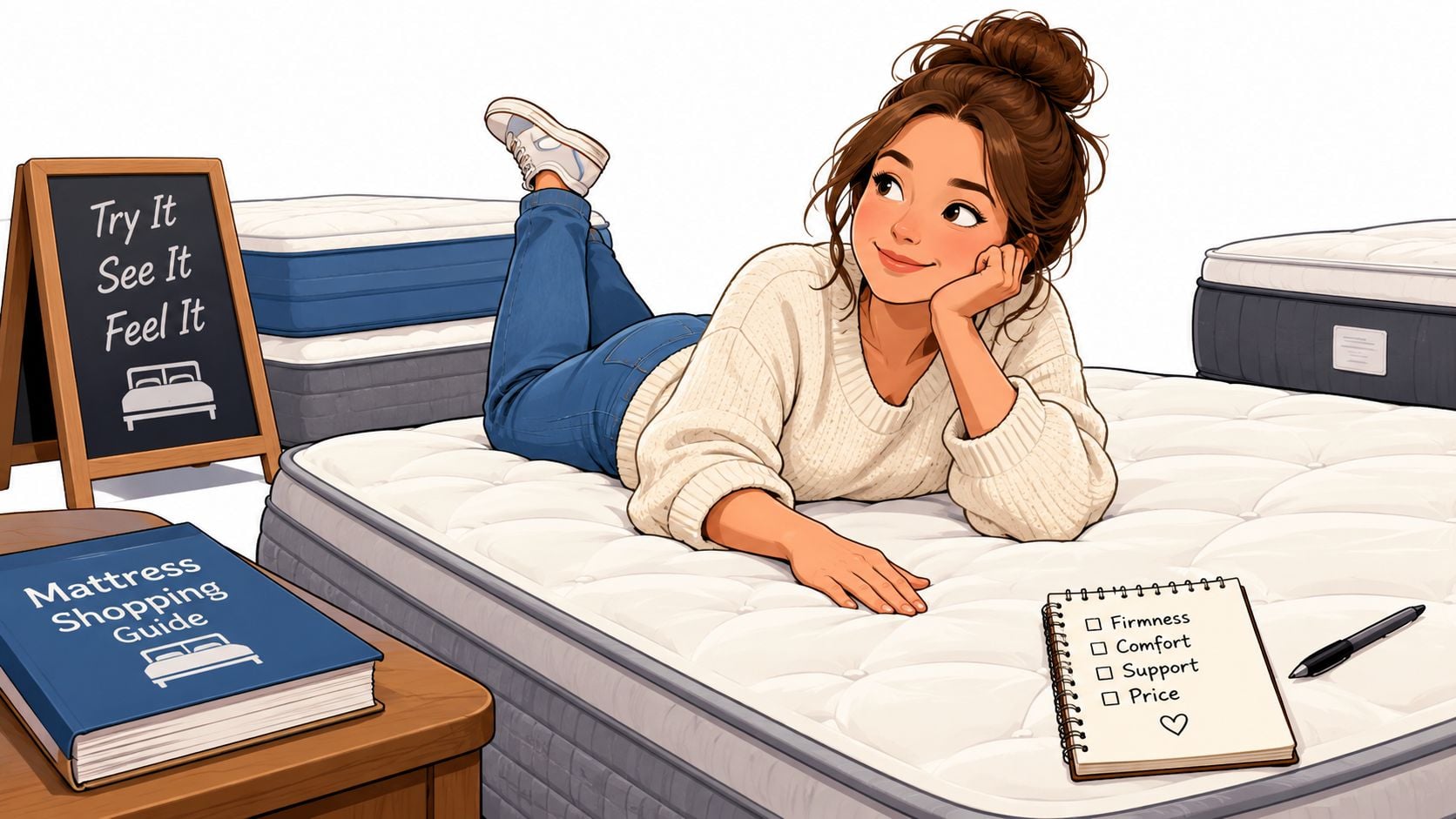 A young woman lying on a comfortable mattress checking off a shopping guide list.