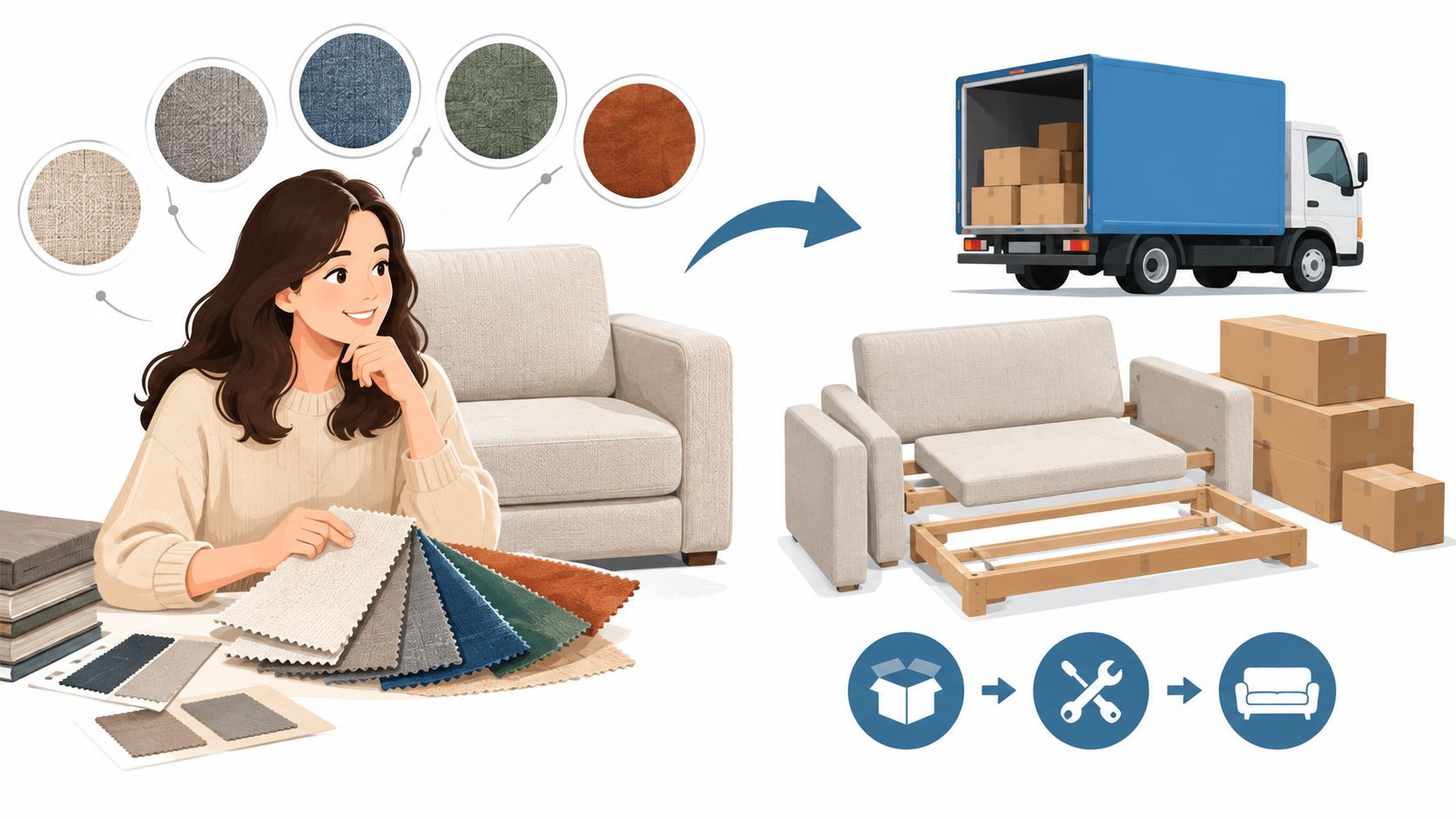 A woman chooses fabric swatches for a custom sofa delivered in boxes and ready for assembly.