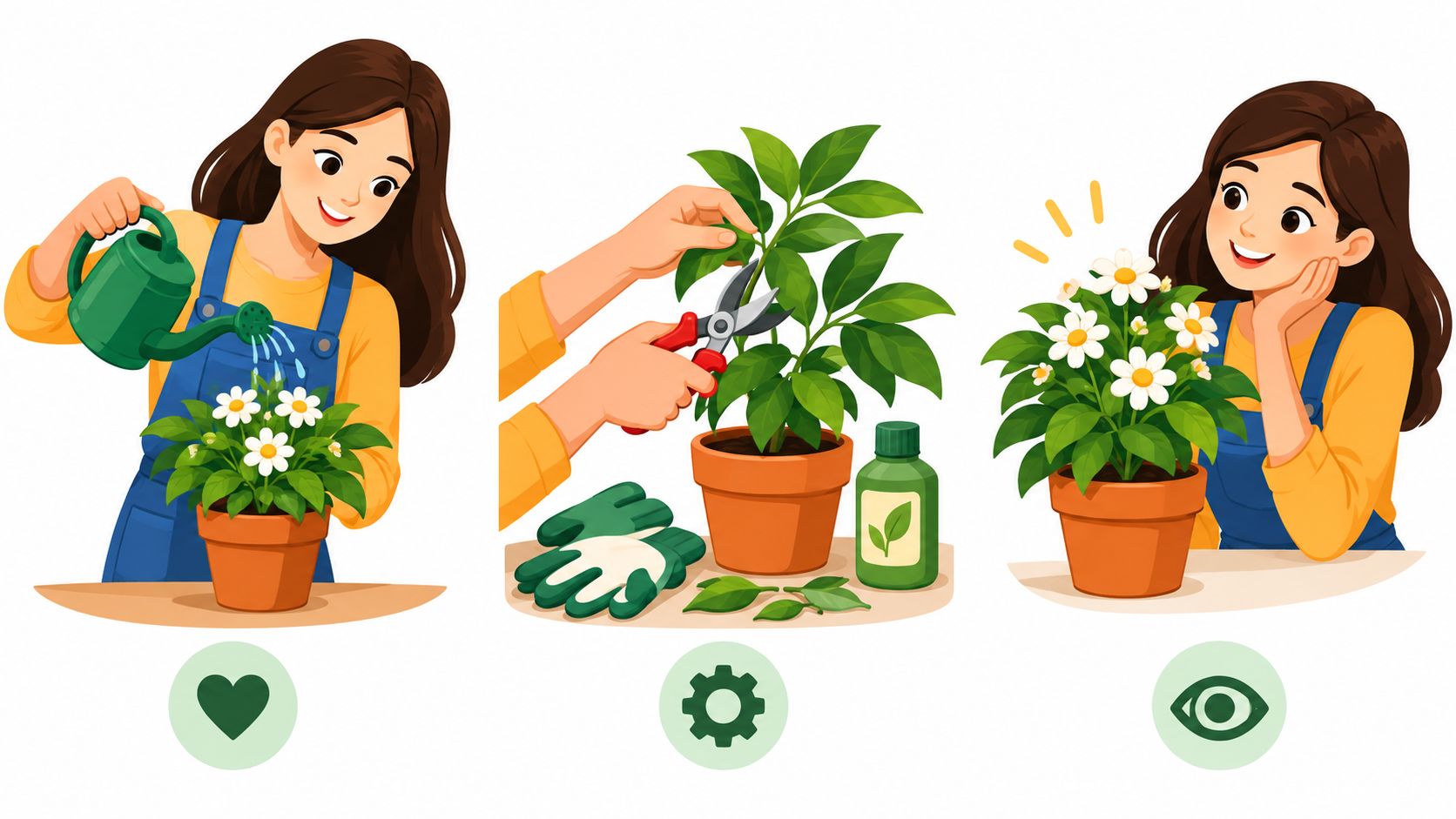 A young woman caring for a potted flower, showing watering, pruning, and admiring the final blooming plant.