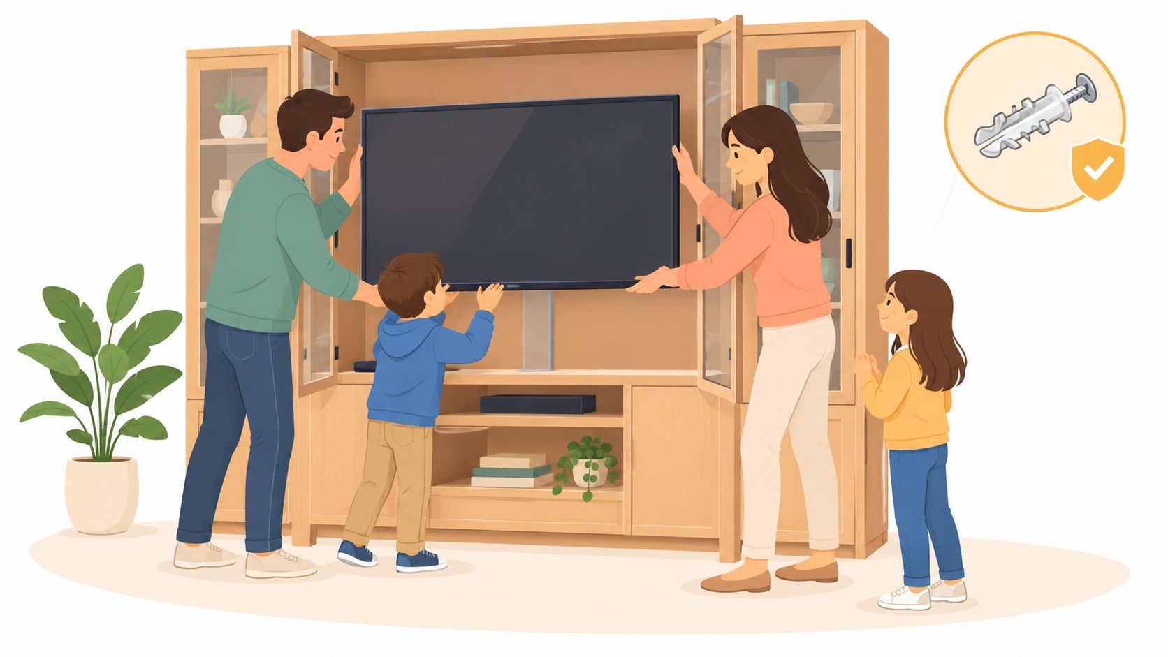 A family installing a television into an entertainment center with glass doors using wall anchors.