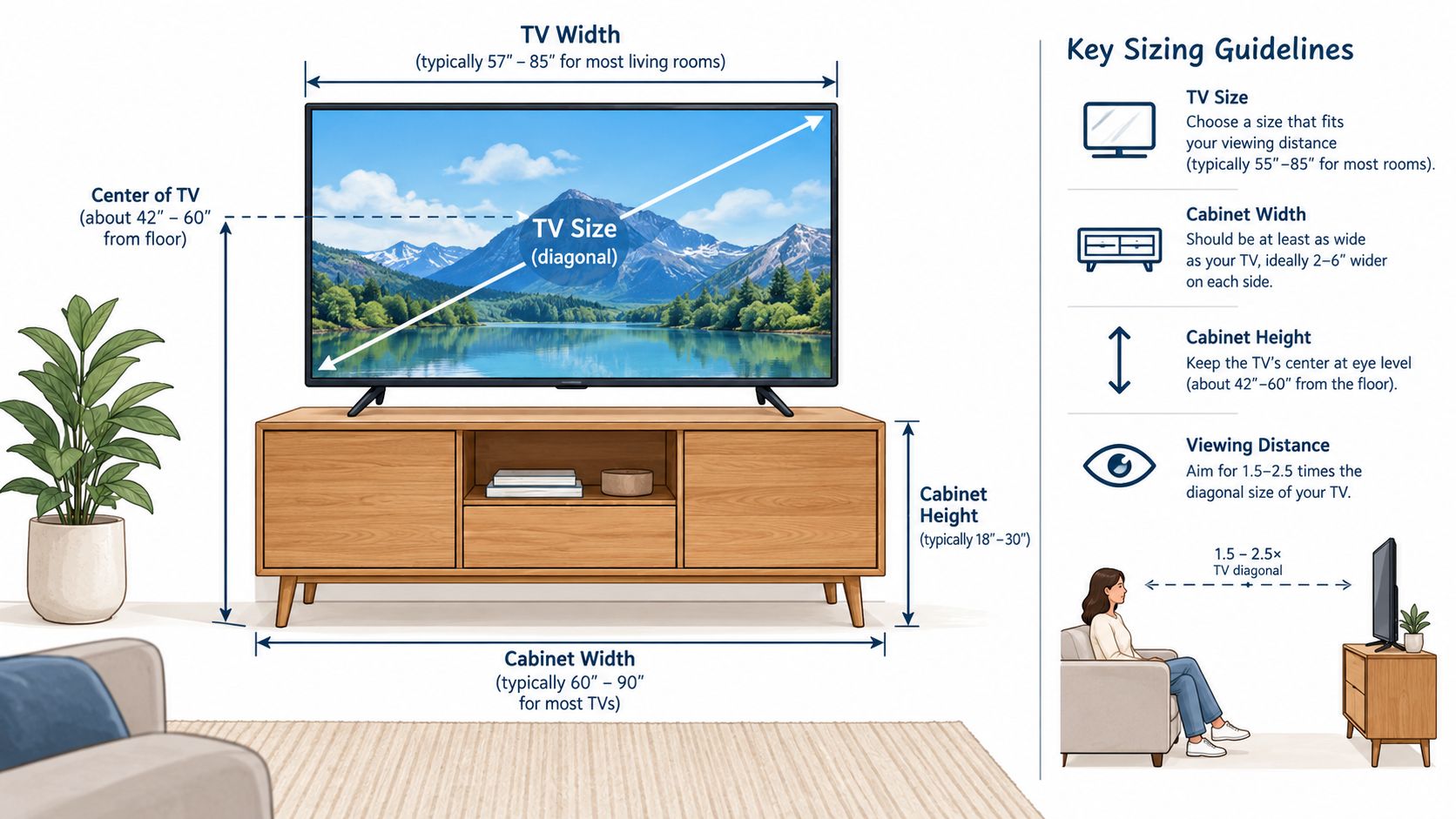 A diagram illustrating optimal sizing guidelines for television placement, including cabinet dimensions and recommended viewing distances.
