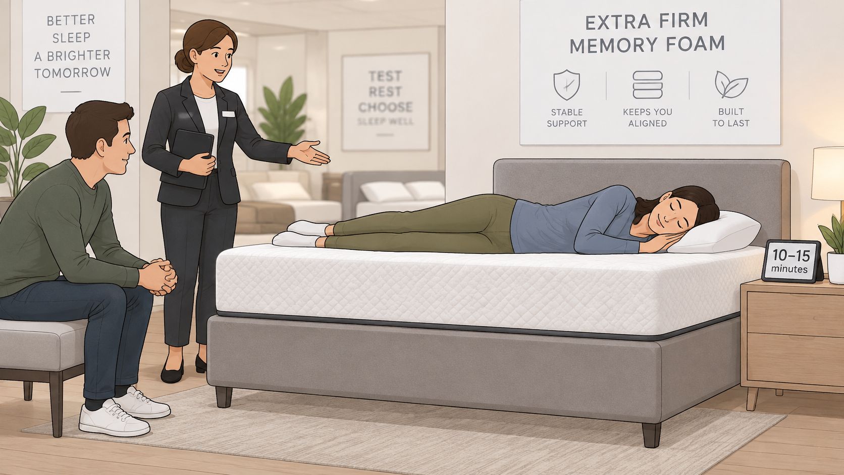 A salesperson demonstrates an extra firm memory foam mattress to a couple inside a furniture store showroom.