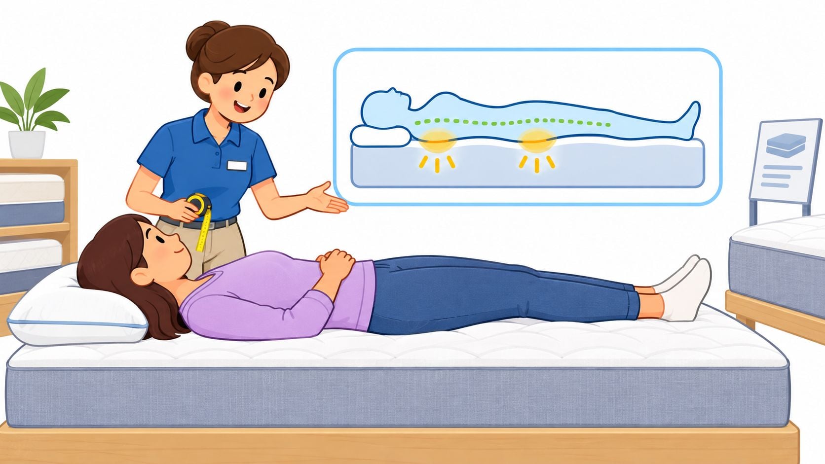A store consultant demonstrating how a mattress supports a customer's spine alignment while she lies down.