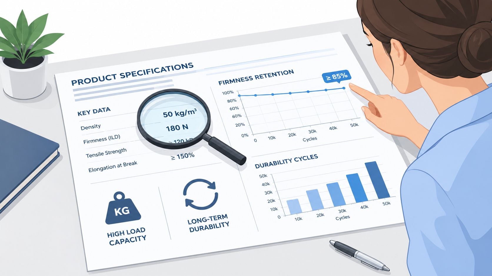 A woman reviewing product specification data and performance charts for a durable flippable mattress design.