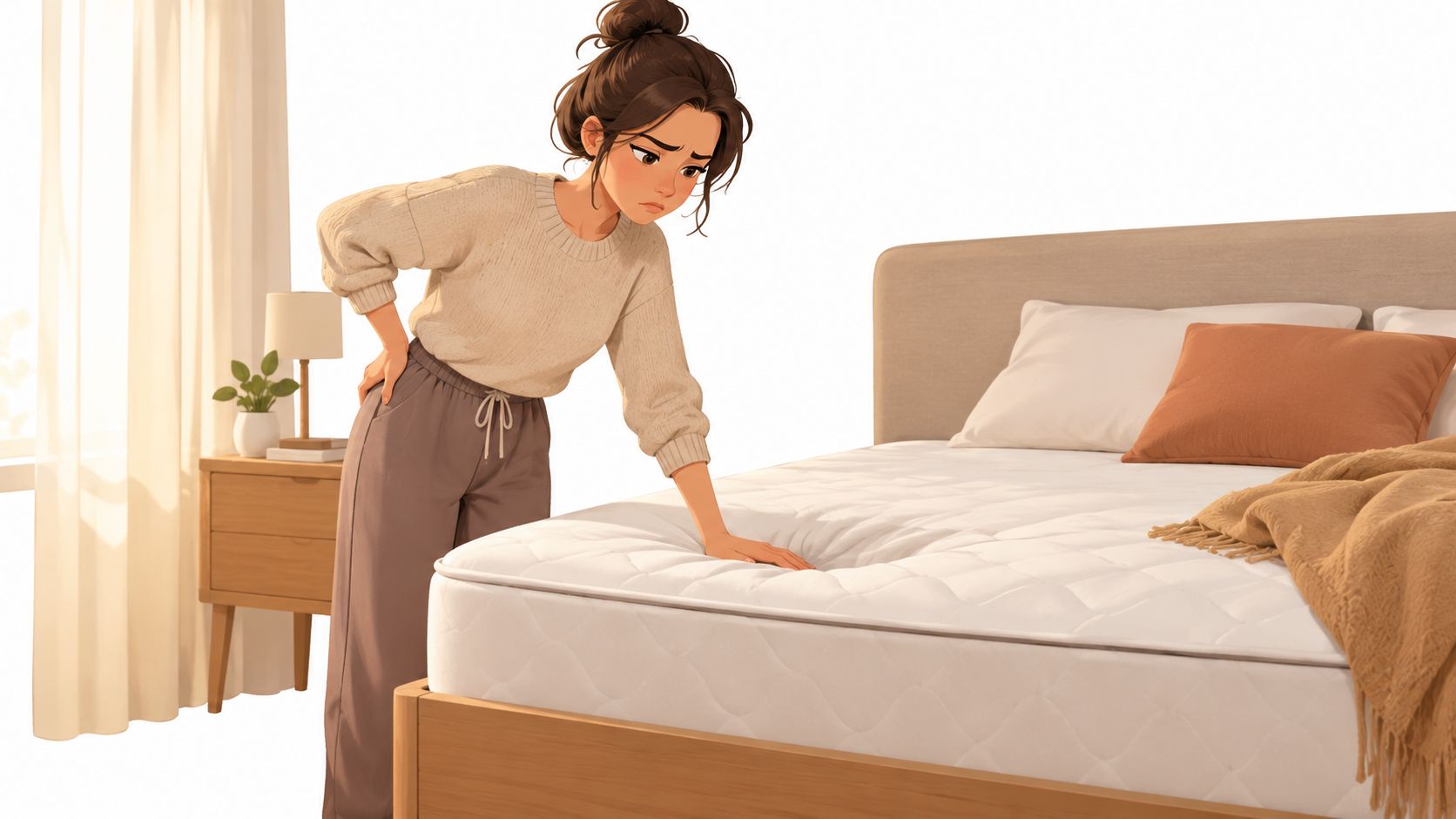 A woman with a concerned expression pressing down on a sagging mattress in a bedroom setting.