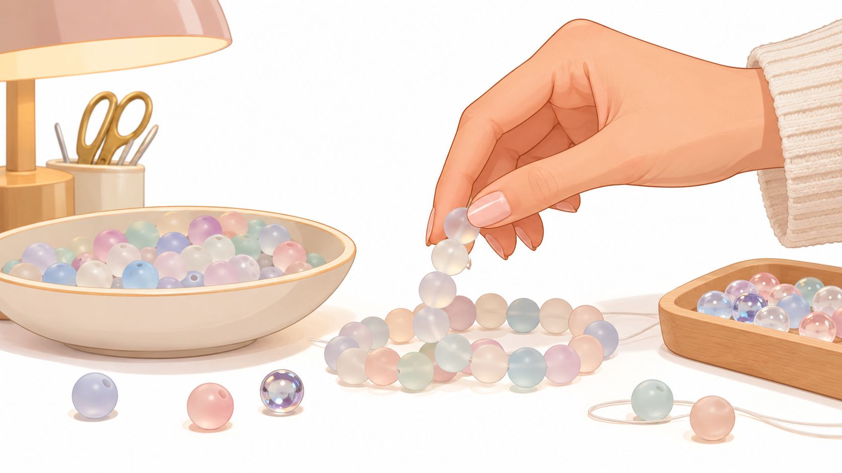 A hand stringing colorful frosted glass beads for jewelry making on a clean white crafting table surface.