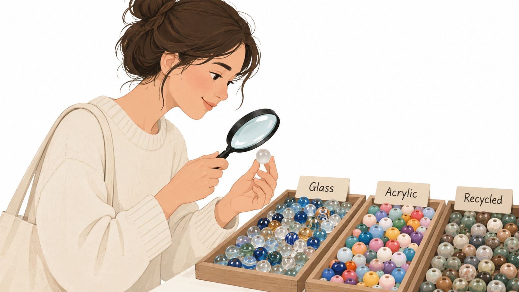 A woman examining a single frosted bead with a magnifying glass over boxes of colorful craft beads.