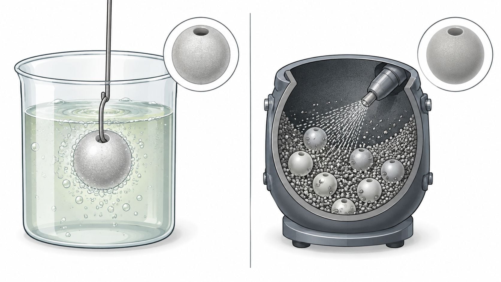 An illustration showing two methods for surface treating frosted glass beads, including chemical etching and spray coating.