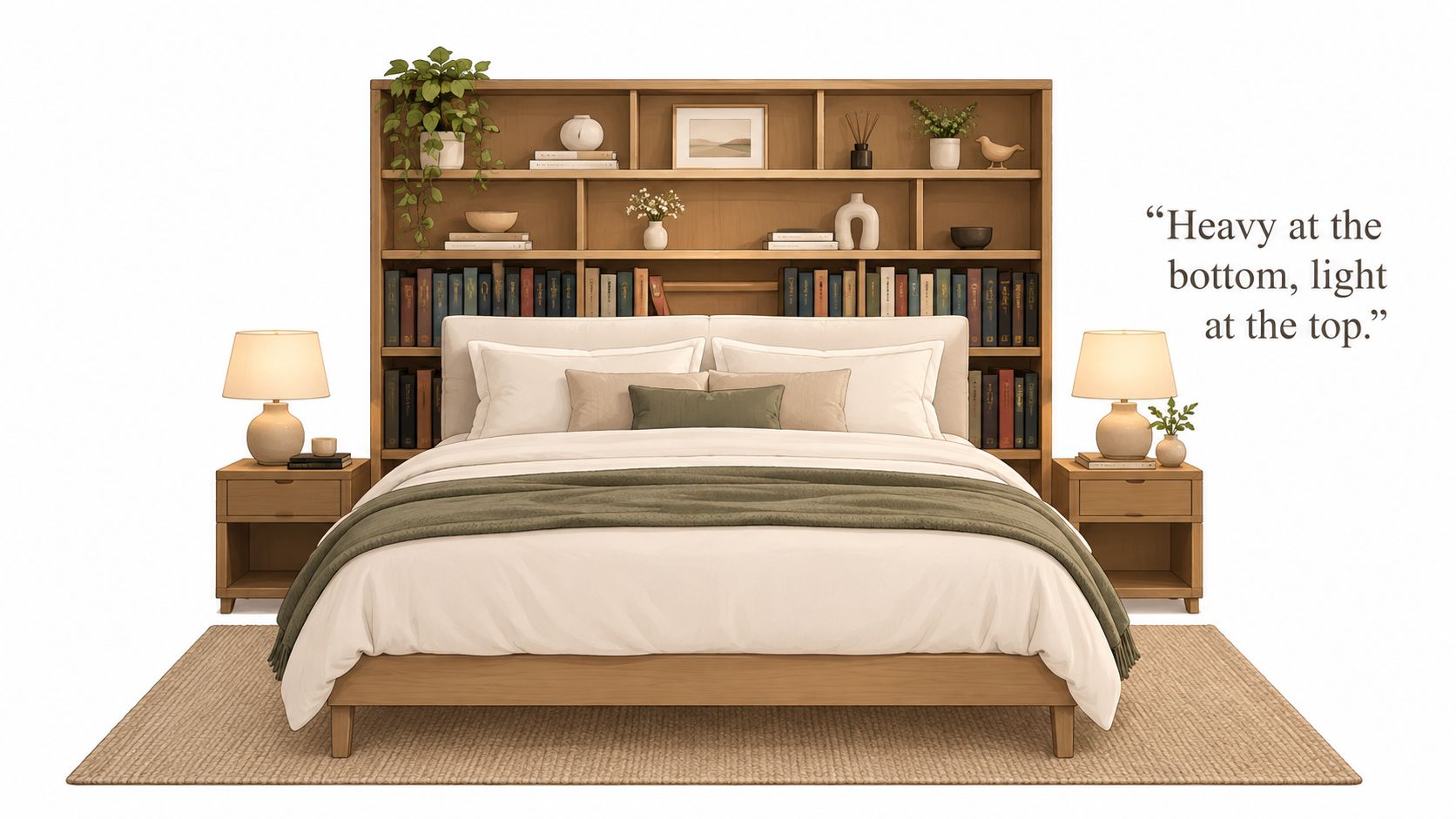 A wooden full size bookshelf headboard behind a neatly made bed with two matching bedside lamps.