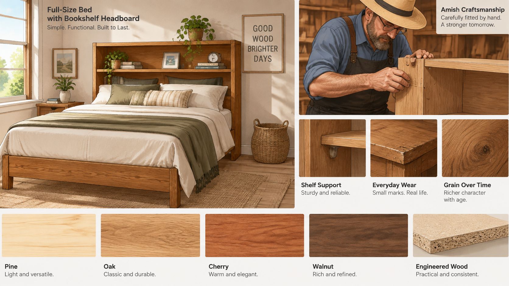 A wooden full-size bed featuring a built-in bookshelf headboard displayed in a cozy, sunlit bedroom setting.