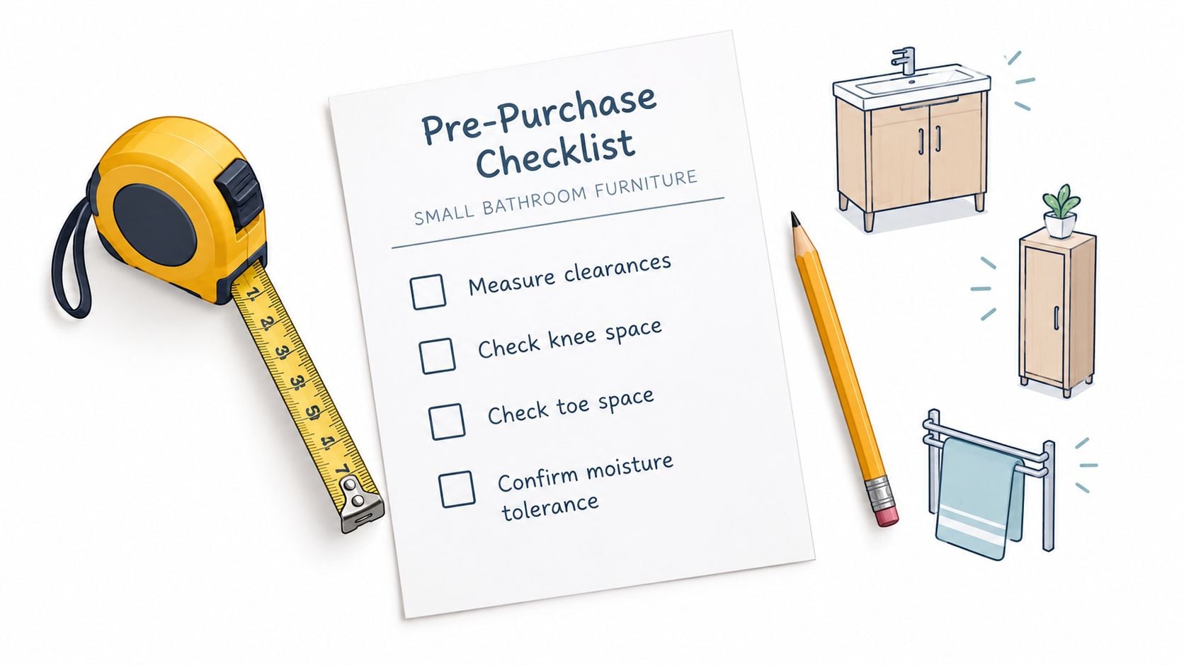 A checklist for selecting furniture for small bathrooms, featuring a tape measure, pencil, and illustrations of fixtures.