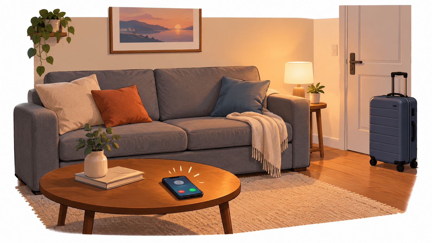 A cozy living room featuring a gray sleeper sofa, a coffee table with a ringing phone, and luggage.