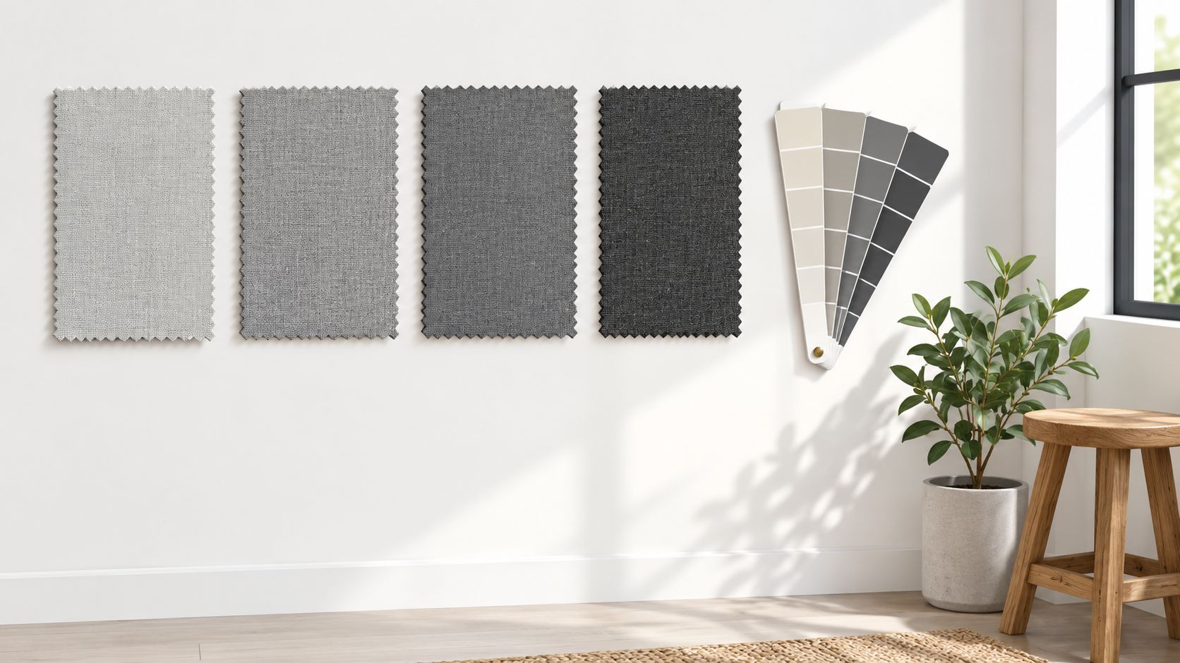 Four gray fabric swatches and a paint color fan deck displayed on a clean white wall.