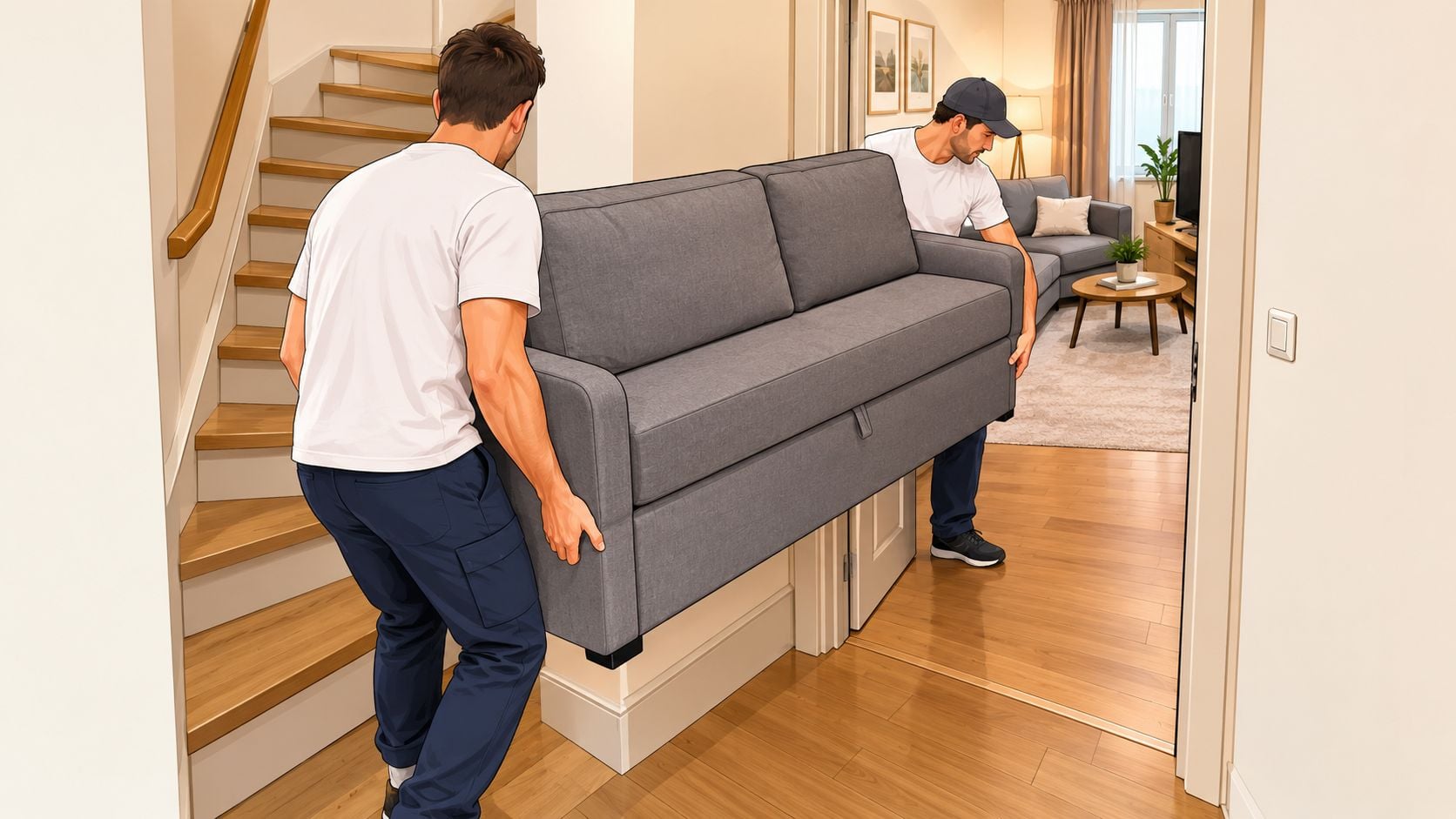 Two movers lifting and carrying a modern gray sleeper sofa through a hallway into a living room.