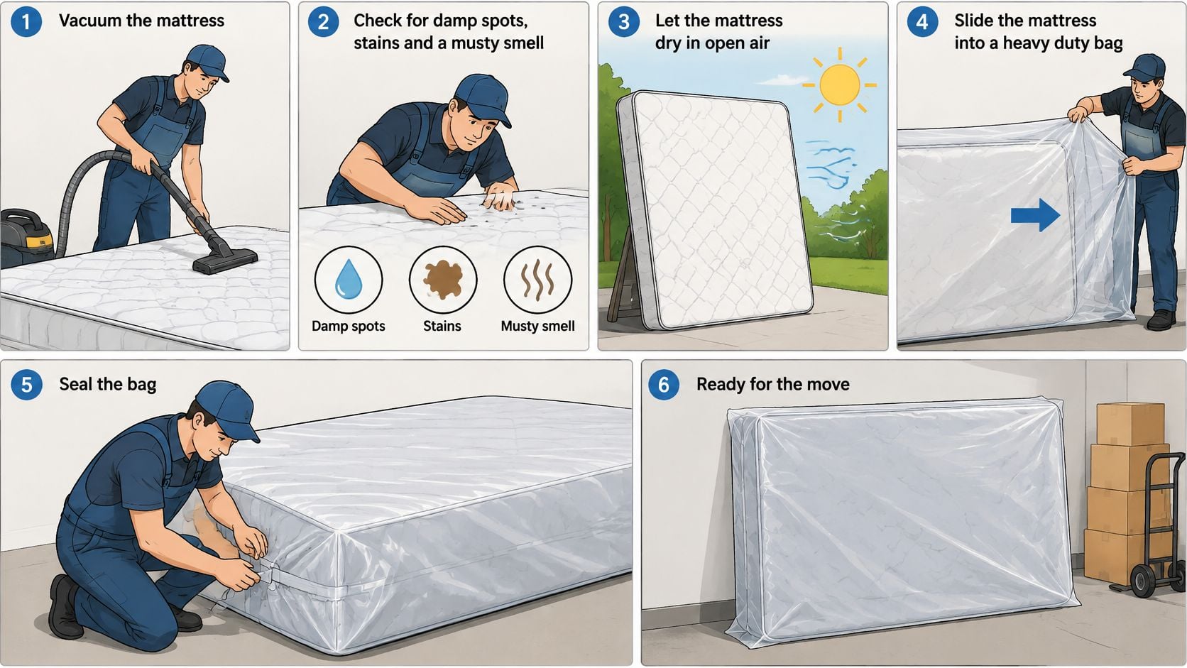 A six-step guide illustrated with a worker packing a mattress into a heavy duty protective bag.